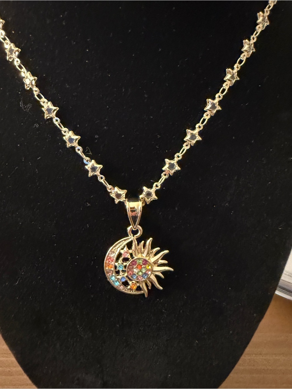 Gold Sun & Crescent Moon Multicolor Pendant on a 17” Star Necklace -